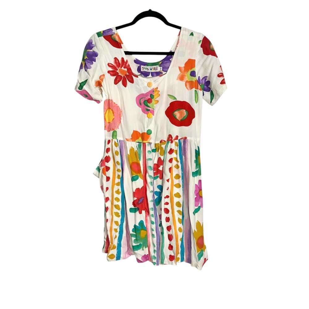 Jams World Hattie Vintage Floral Short Sleeve Colorful Mini Dress SMALL